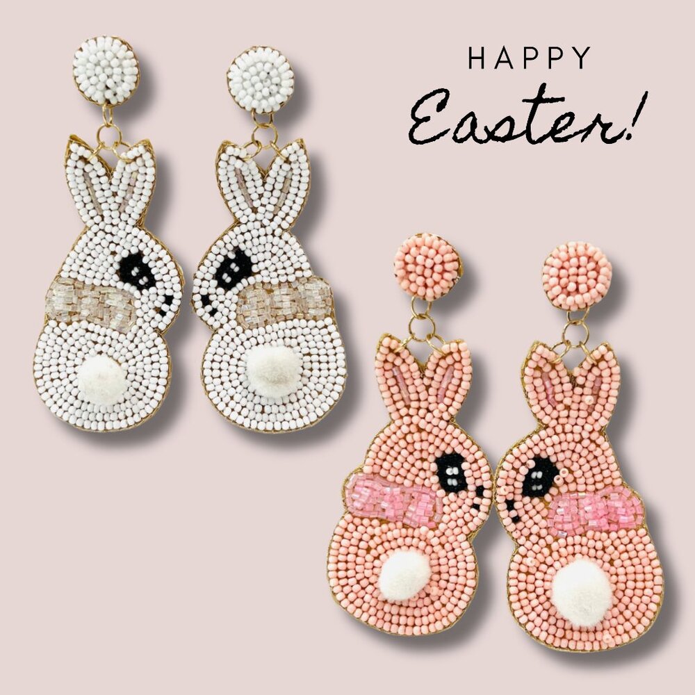 Crystal & Pom-Pom Easter Bunny Seed Beaded Statement Gift Earrings NEW